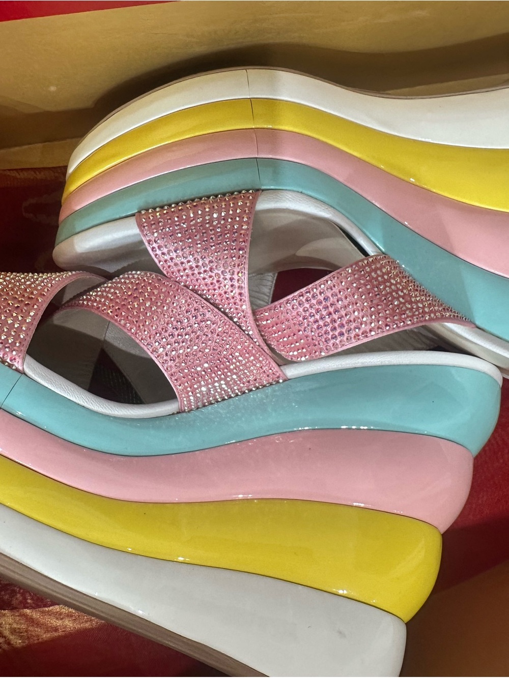Rene Caovilla Pink Crystal Strap Platform Sandals with Multicolor Layered Sole